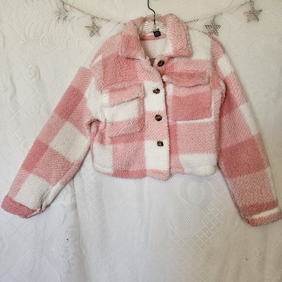 Shein XSmall 2 Sherpa Pink White Plaid Lambs Wool Cropped Jacket Cozy Cottage - Picture 4 of 10